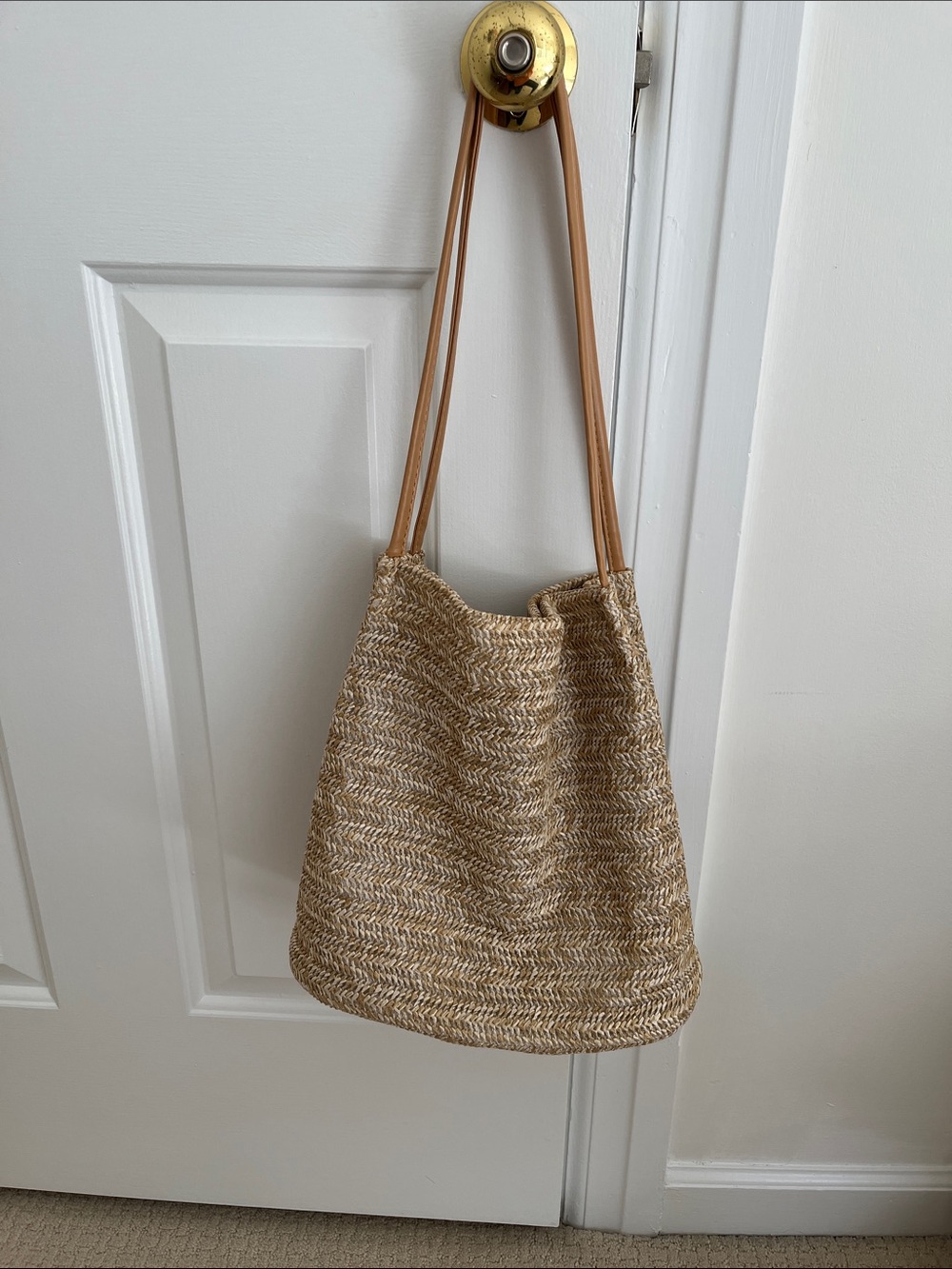 Woven Straw Shoulder Bag with Tan Leather Straps